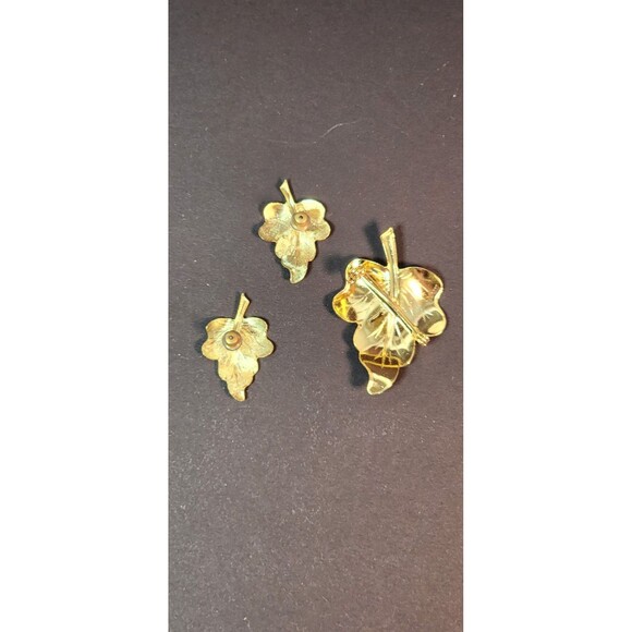 Vintage Tacoa Leaf Earrings And Brooch Set Gold Tone In Original Box Beautiful - Picture 5 of 13